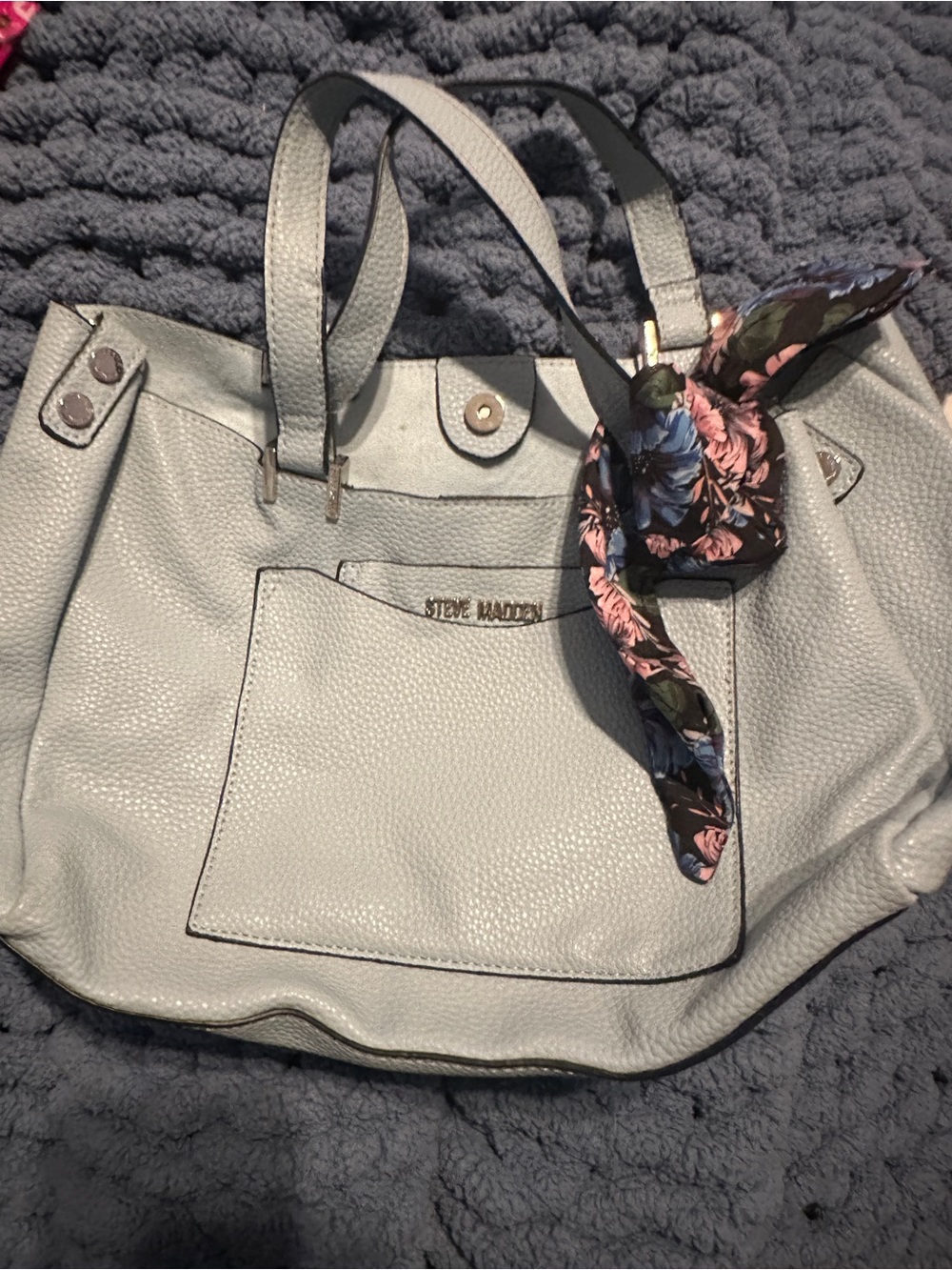 Steve Madden baby blue Pebbled Tote Bag with Floral Scarf